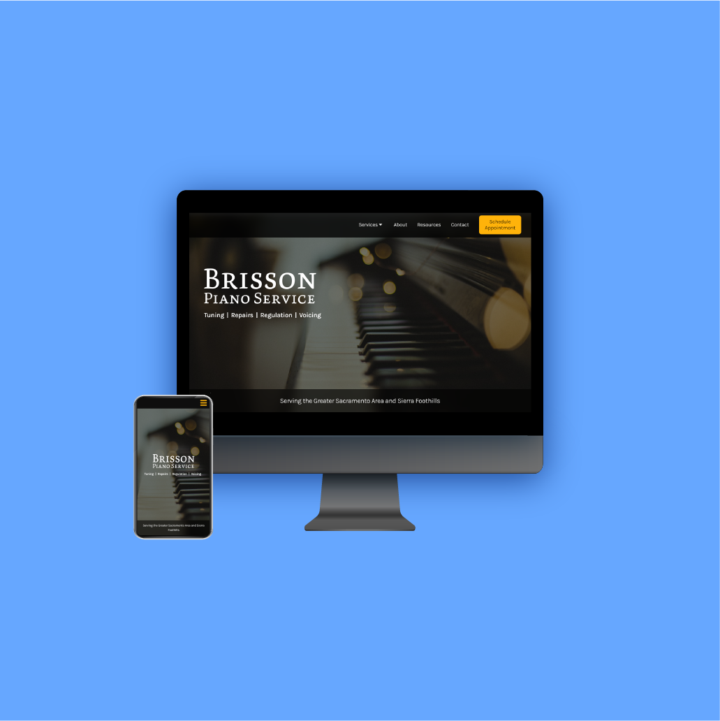 Desktop monitor and phone displaying the Brisson Piano Service website