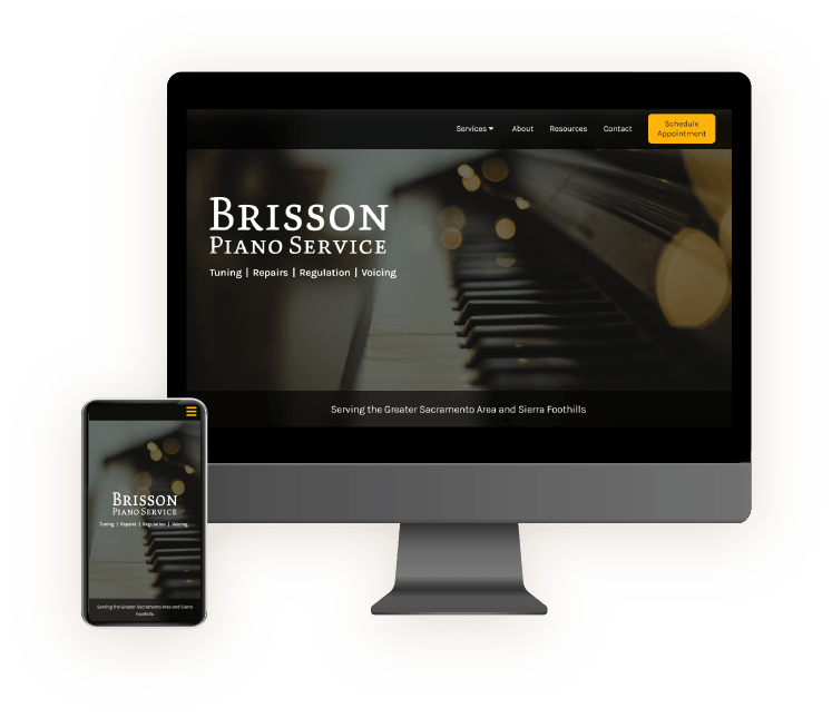 Computer, Tablet, Phone displaying Brisson Piano Service landing page