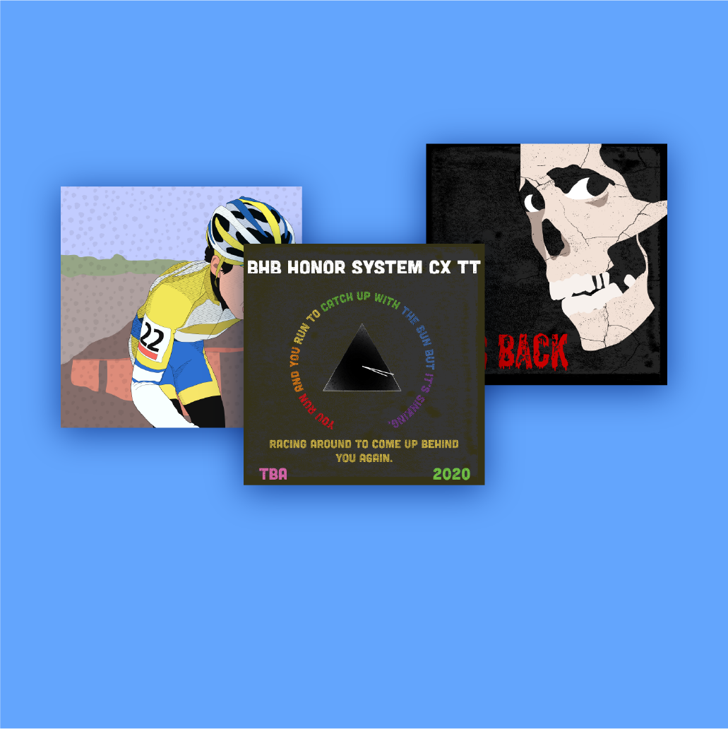 Three digital illustrations. One of a Skull, one of a cyclist, and one of a pink floyd type flyer