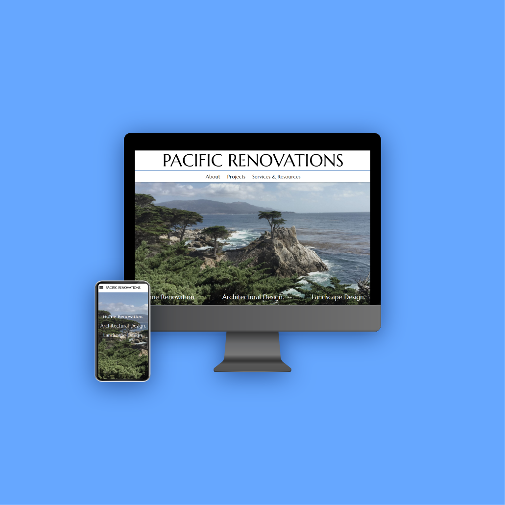 Desktop monitor and phone displaying redesigned Pacific Renovations landing Page